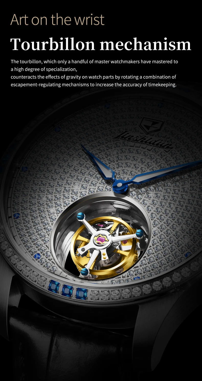 JSDUN Fully Diamond Tourbillon Automatic Watch for Men Genuine Leather Strap Sapphire Mirror Luxury Mechanical Man Wrist Watches