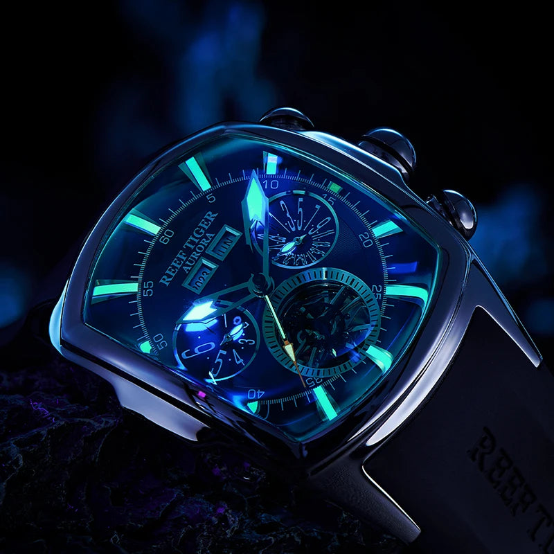 Reef Tiger 316L Stainless Steel Wine Barrel Automatic Watch Fashion Mulitfunction Tourbillon Mechanical Watches for Men RGA3069