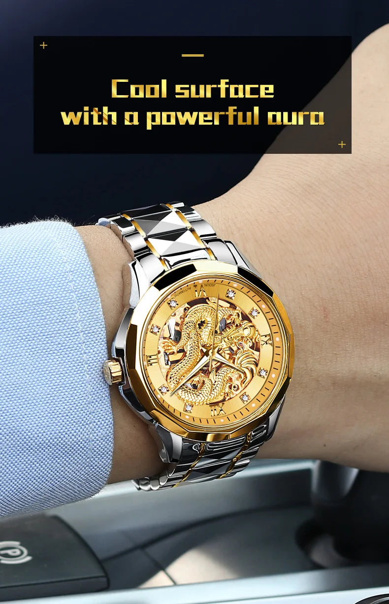 JSDUN Gold 3D Dragon Dial Watch For Men Luxury Brand Automatic Mechanical Watch Stainless Steel Strap Hollow-carved Reloj Hombre