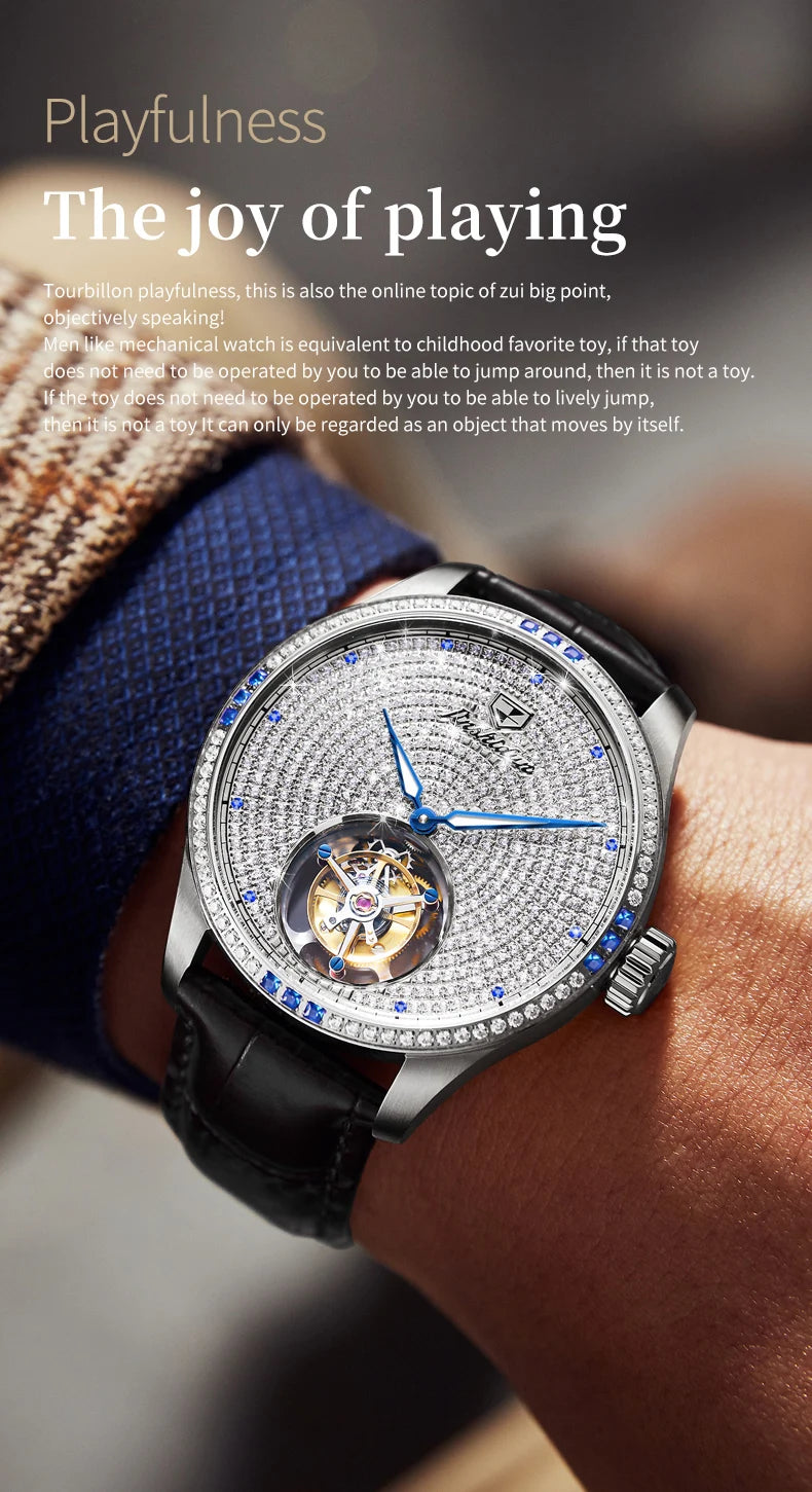 JSDUN Fully Diamond Tourbillon Automatic Watch for Men Genuine Leather Strap Sapphire Mirror Luxury Mechanical Man Wrist Watches
