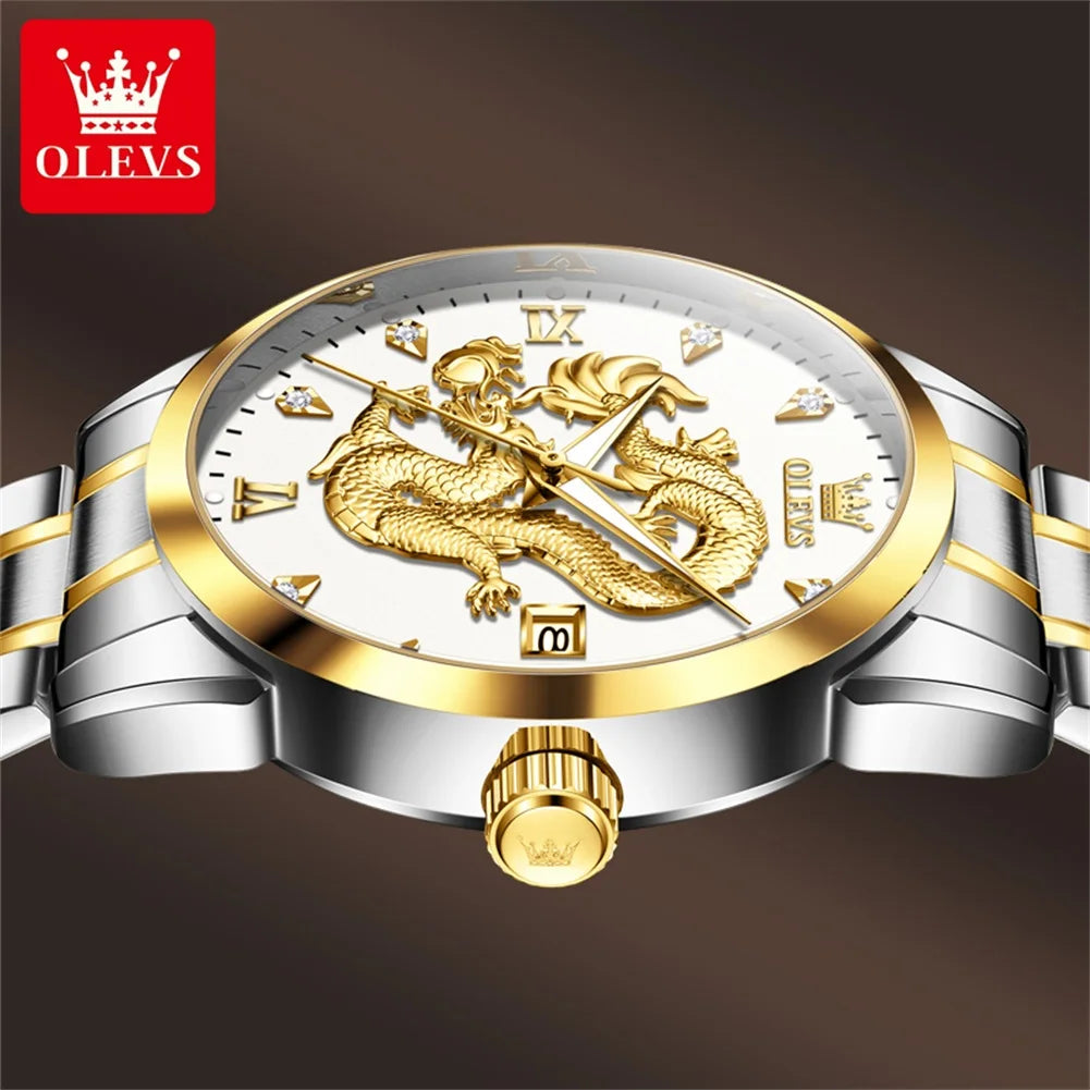 OLEVS 3619 Mens Watch Top Brand Fashion Original Quartz Watch for Man China Loong Dragon Dial Waterproof Luminous Date Reloj