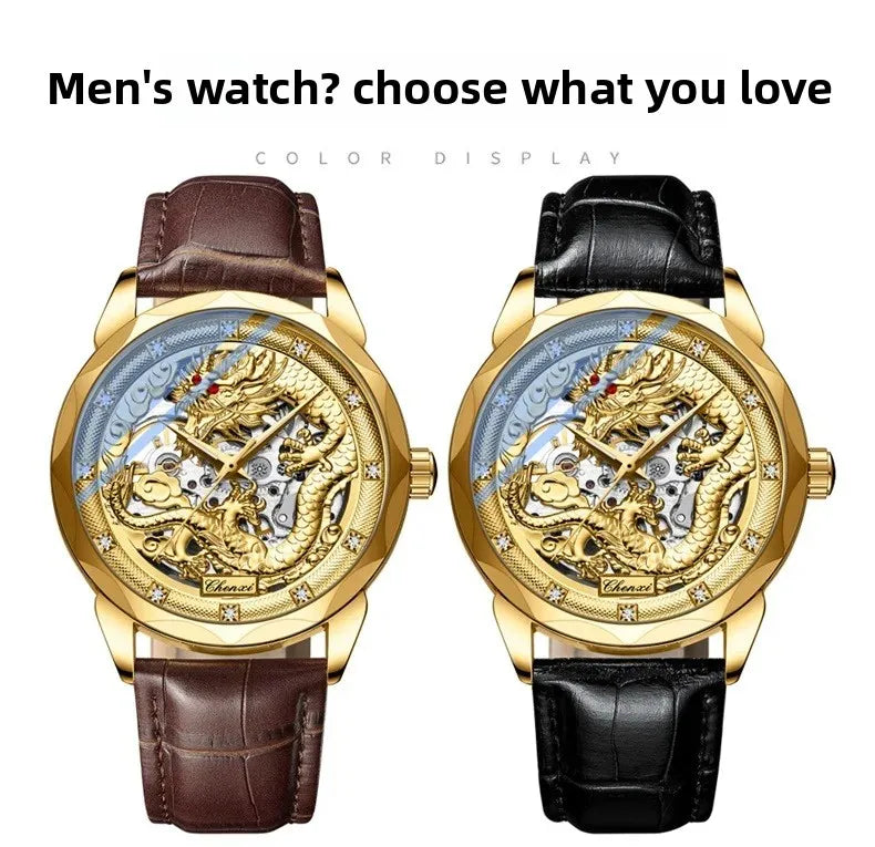 Men's Automatic Mechanical Watch Night Glow Waterproof Relief New Fashion Business Leather Steel Band Luxury Timepiece