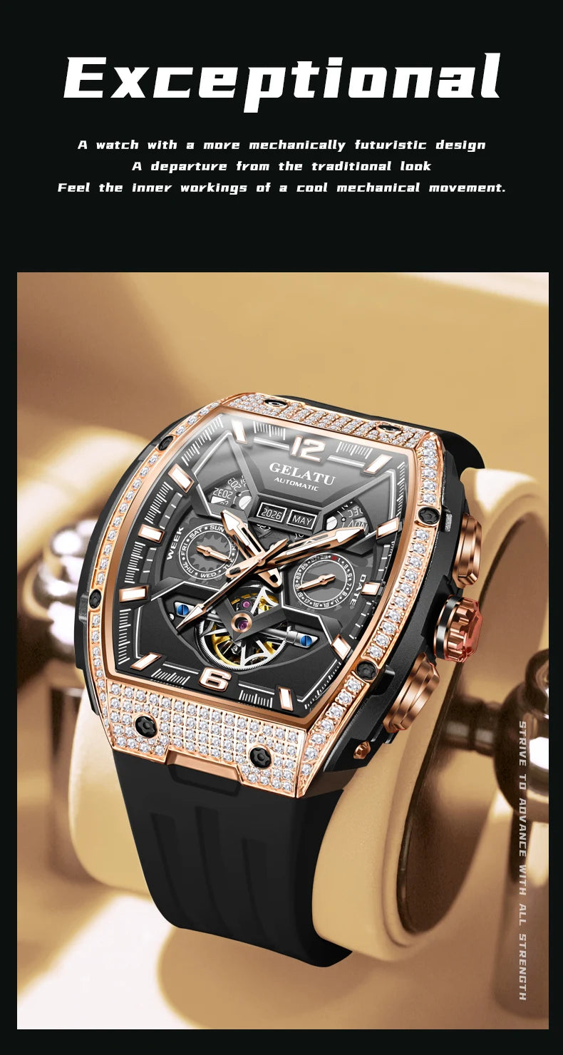 GELATU 6016 High-end Full Diamond Automatic Mechanical Watch for Men Multifunction Hollow Silicone Strap Men's Wristwatches