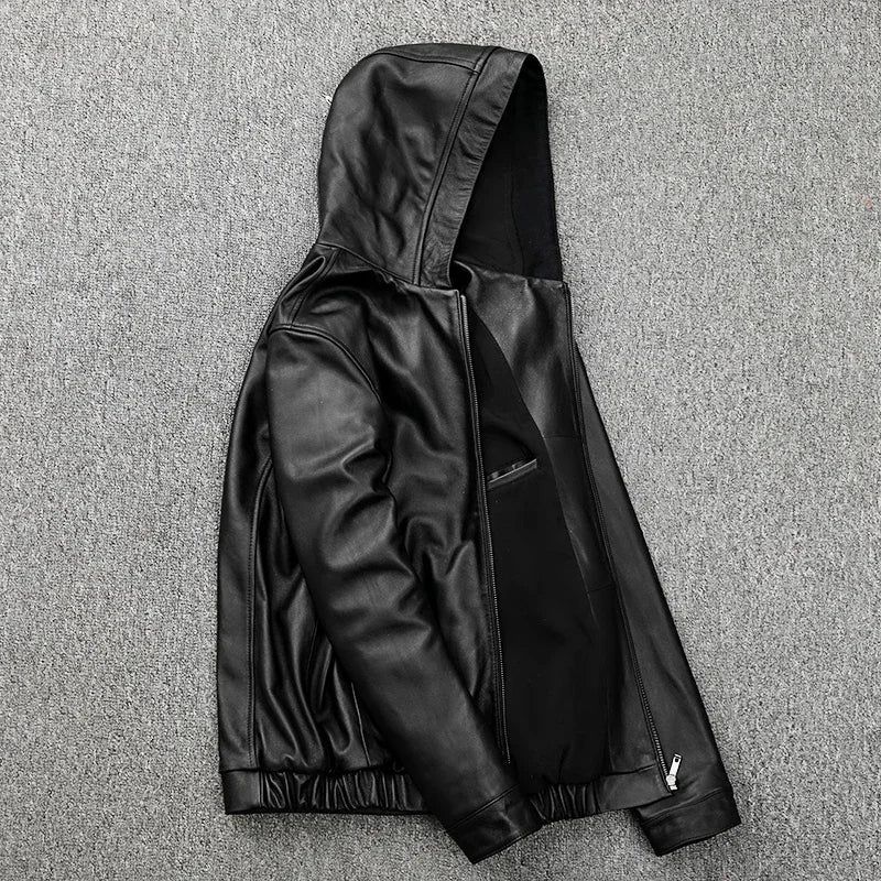 Men's Hooded Leather Jacket 100% Genuine Sheepskin Motorcycle Black Coat Male Hoodies Clothes Spring Hat Leather Jacket Men