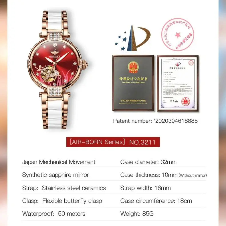 OUPINKE 3211 Women's Watch Elegant Rose Gold Diamond Ceramic Automatic Machinery Women's Watch Luxury Brand Women's Bracelet Set