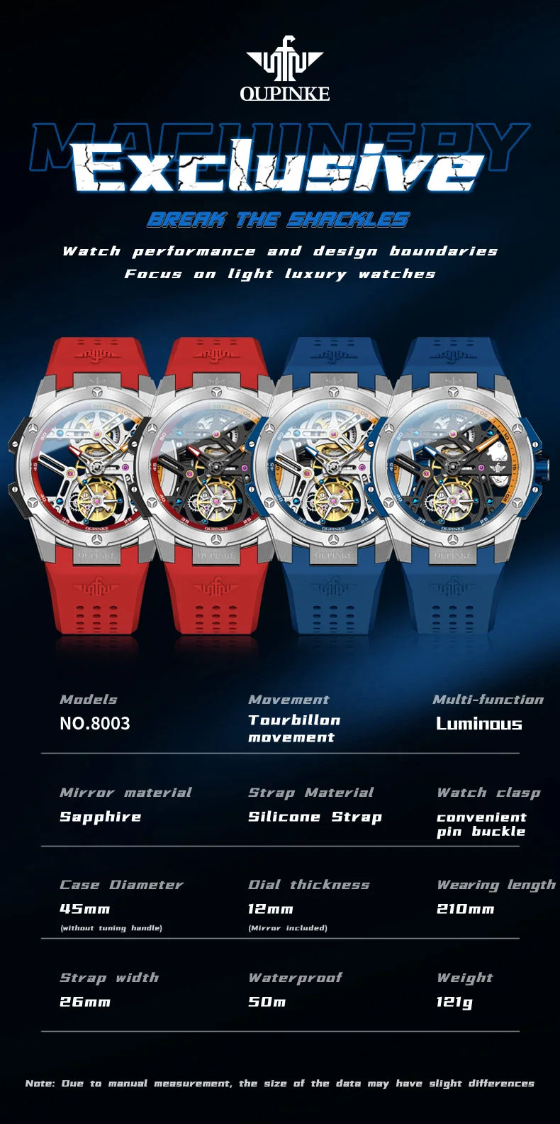 OUPINKE 8003 Men's Watch 45mm Big Dial Fashion Hollow Automatic Watch For Men Waterproof Luxury Tourbillon Mechanical Hand Clock