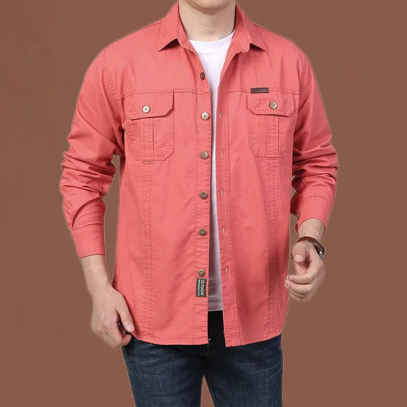 Men Loose Long-sleeved Shirt. New Solid Color Shirt for Middle-aged and Young People in Europe and America in Spring and Autumn