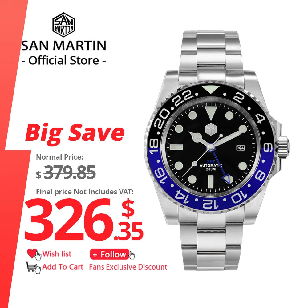 San Martin Luxury GMT Hangzhou 6460 Men Automatic Mechanical Watch Business Sports Waterproof 200m Sapphire Full Luminous SN0016