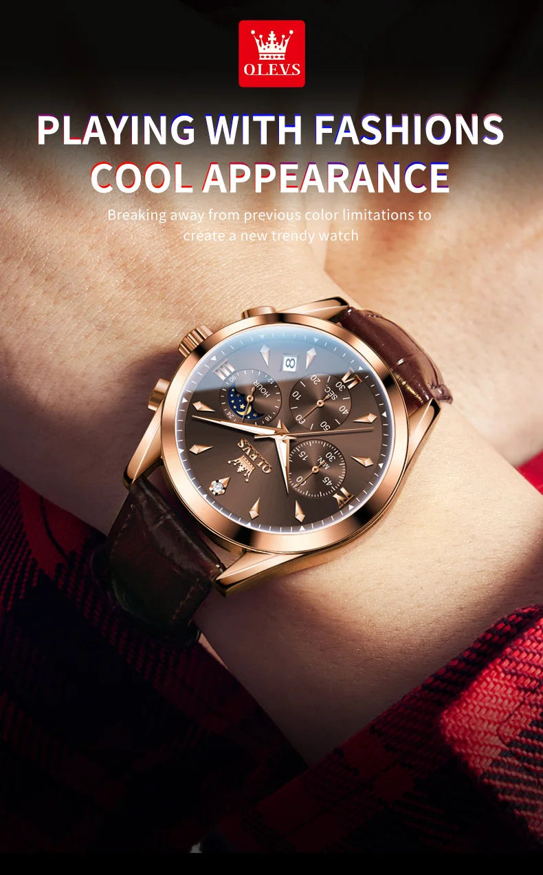 OLEVS 3609 Original Moon Phase Chronograph Man Watch Leather Strap Waterproof Luminous Luxury Brand Quartz Wrist Watches for Men