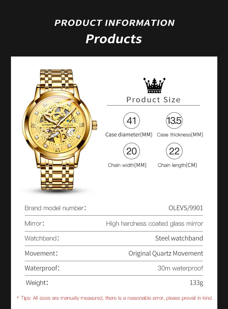OELVS 9901 Luxury Men's Watches Fashion Dress Automatic Mechanical Wristwatch Waterproof Luminous Hollow Watch for Man Reloj