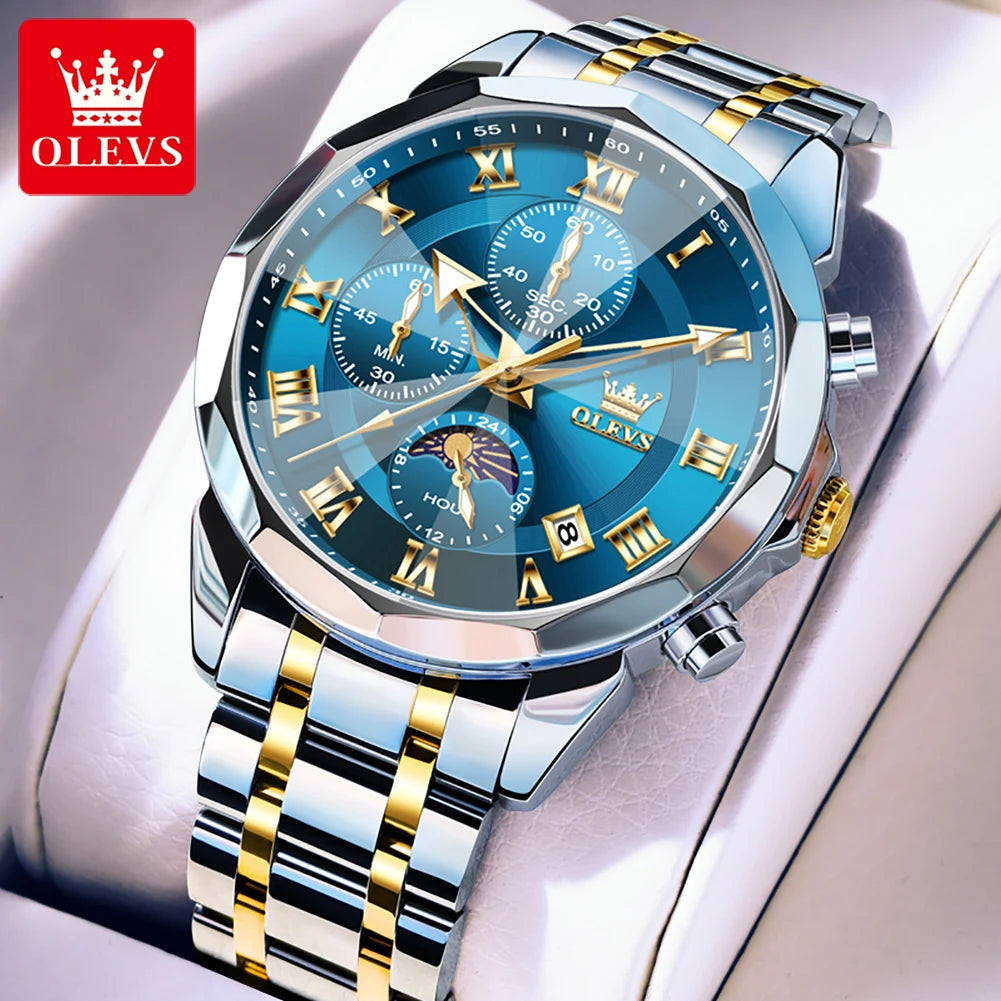 OLEVS 3675 Men's Multifunctional Chronograph Quartz Watch Waterproof Moon Phase Display Fashionable Gift for Men