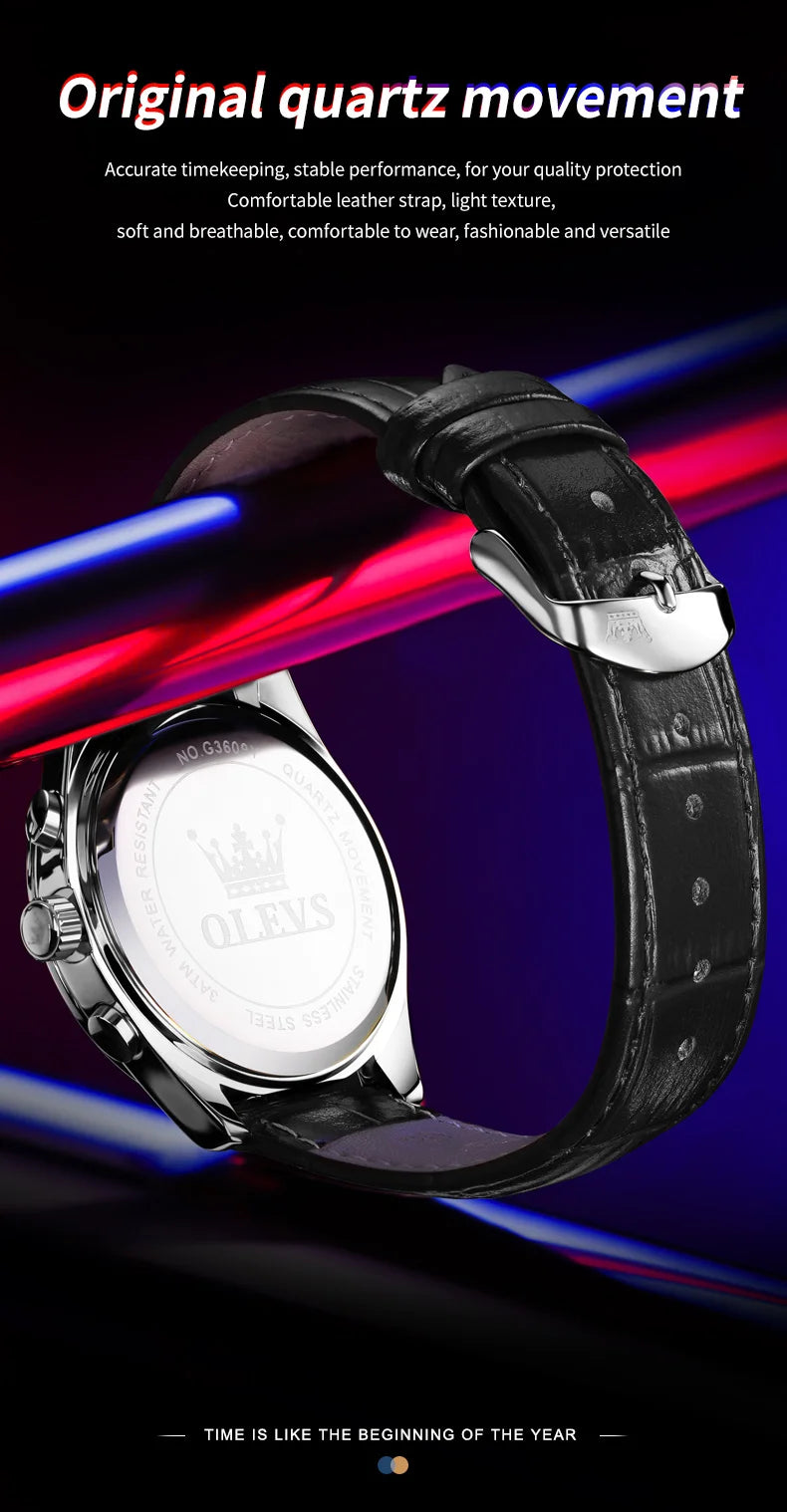 OLEVS 3609 Original Moon Phase Chronograph Man Watch Leather Strap Waterproof Luminous Luxury Brand Quartz Wrist Watches for Men