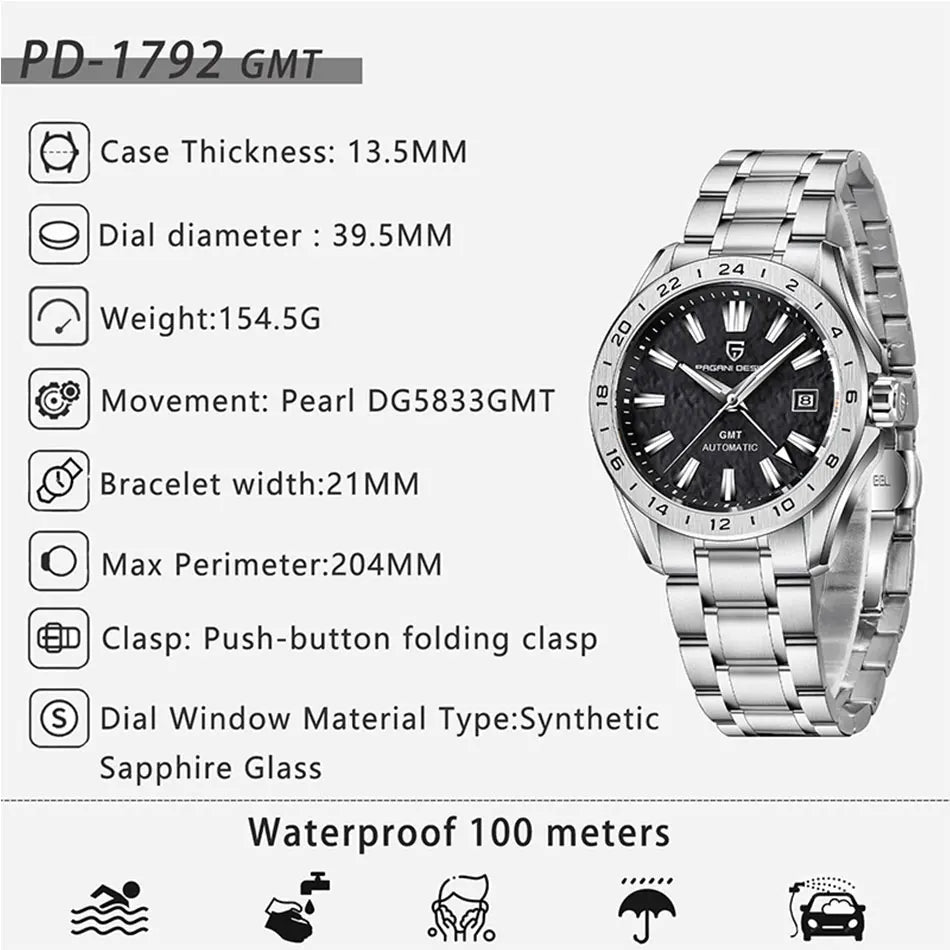 PAGANI DESIGN New GMT Mens Mechanical Watches 100M Waterproof Clock Sapphire Glass Automatic Men Watch PD-1792 Relogio Masculino