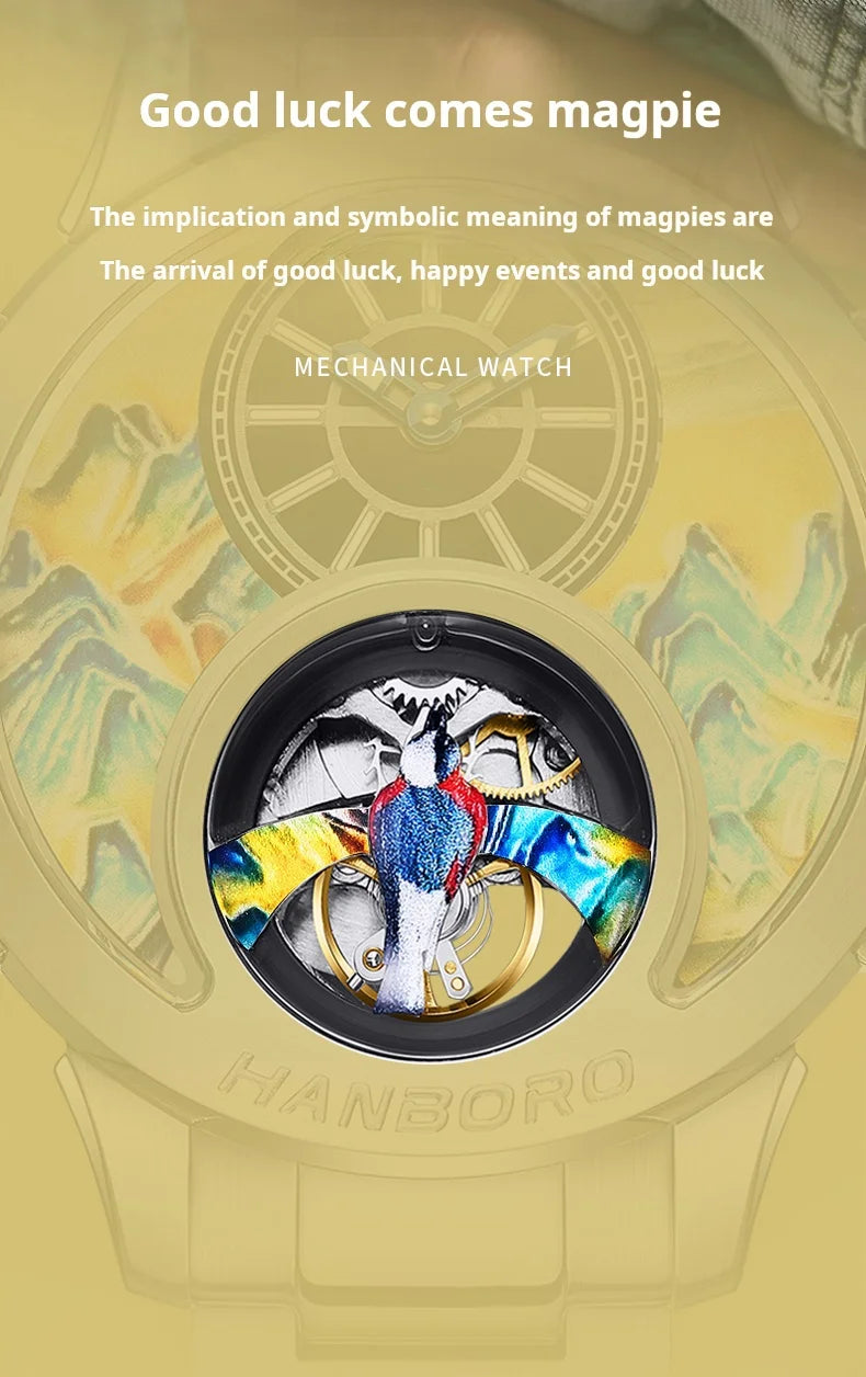 HANBOROThousand Miles Series Oil Painting Personalized Dial Magpie Skeleton Balance Wheel Design Men's Automatic MechanicalWatch