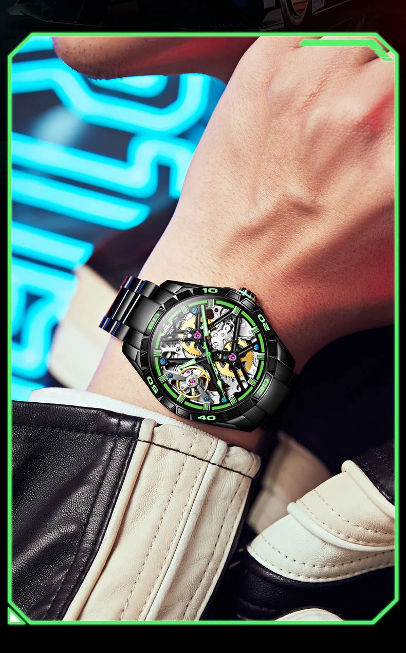 OUPINKE 3196 Fully Automatic Mechanical Watch Men Stainless steel Waterproof Green Night Light High-end Wristwatch Man