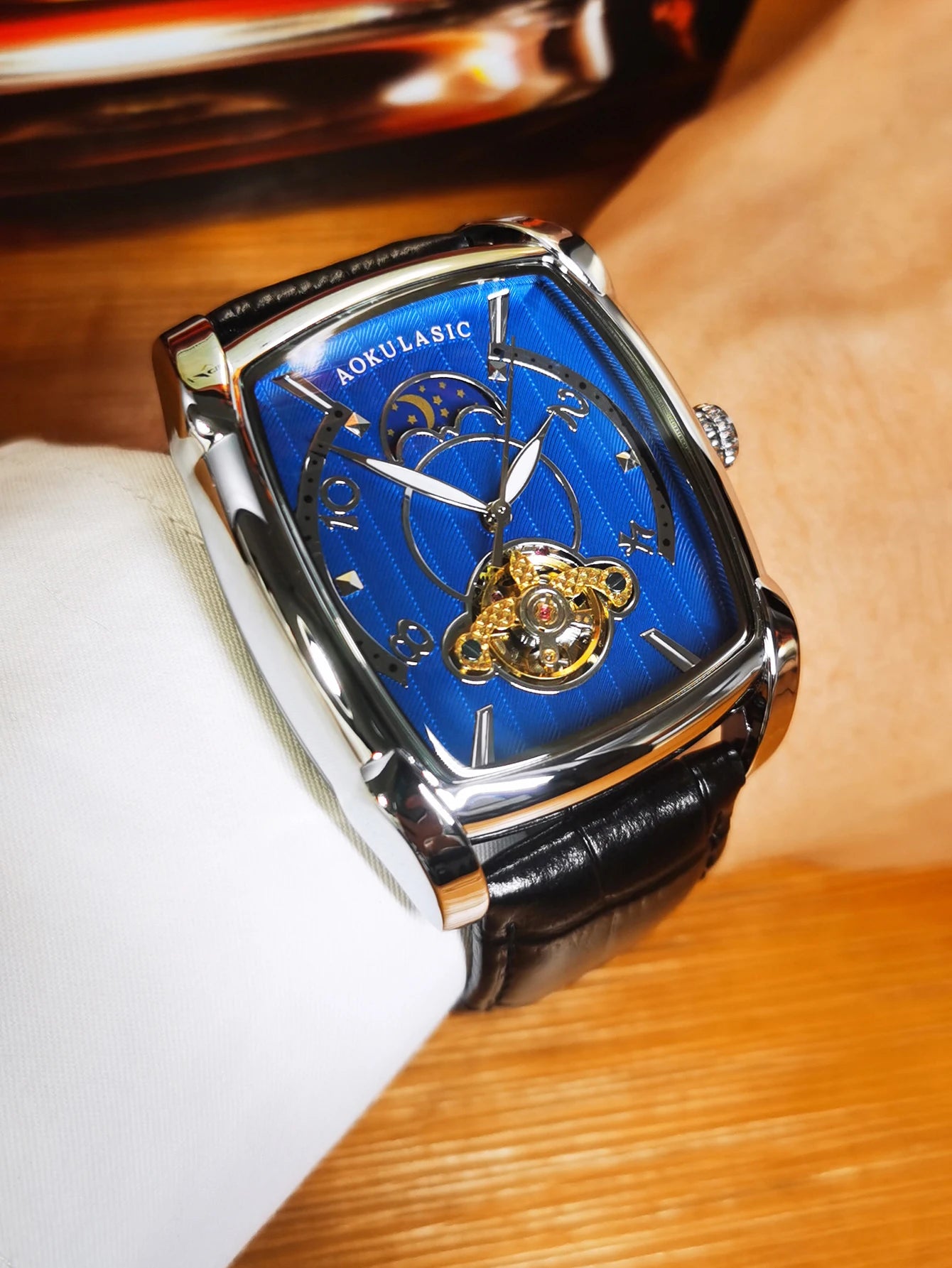 Tonneau Moon Phase Automatic Watch for Men Luxury Brand Tourbillon Skeleton Mechanical Watches Leather Belt Luminous Hands Clock