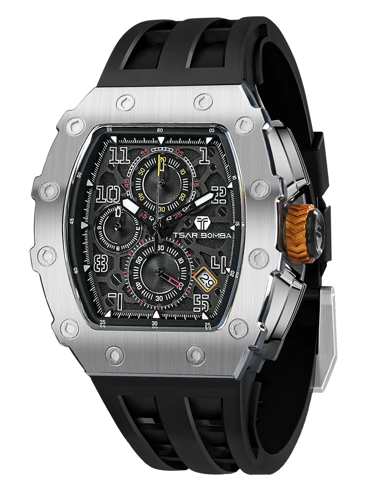 TSAR BOMBA Watch for Men Luxury Brand Tonneau Design Waterproof Clock Stainless Steel Wristwatch Fashion Rectangle Mens Watch