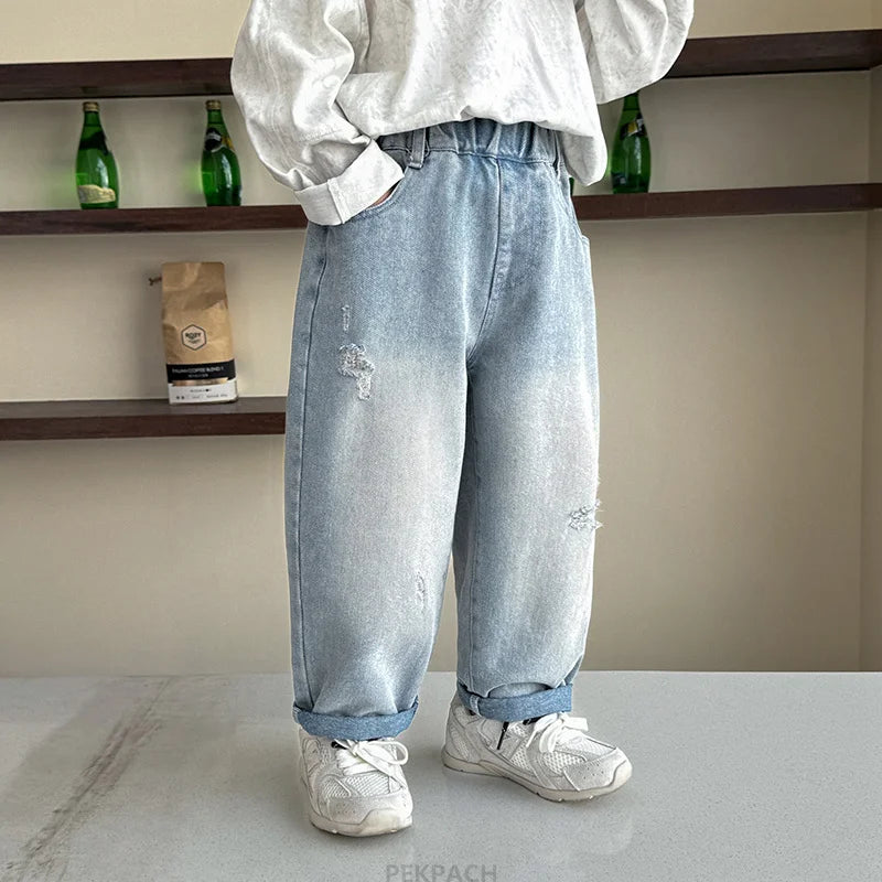 New Fashion Baby Baggy Ripped Jeans For Boys Casual Cartoon Print Denim Pants Kids Child Destroyed Jeans Trousers Age 2 To 9 Y