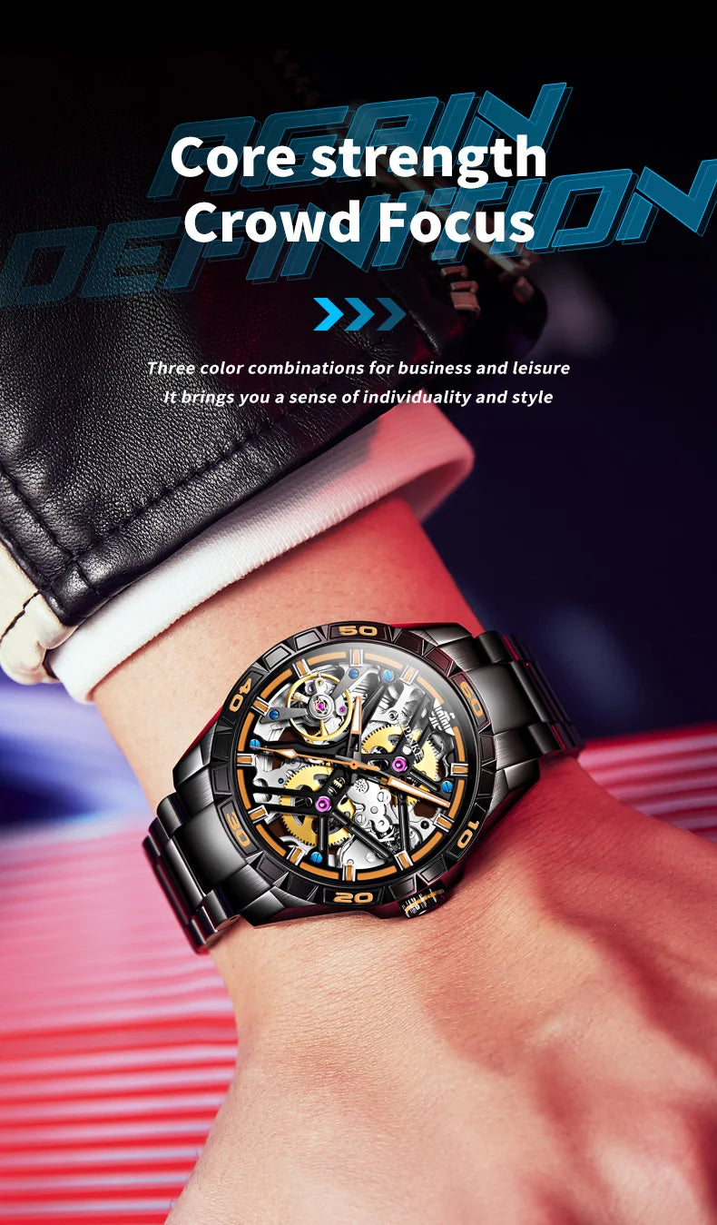OUPINKE 3196 Blue Watch for Men Original Automatic Movement Deep Waterproof Hollow Out Mechanical Wristwatch Men