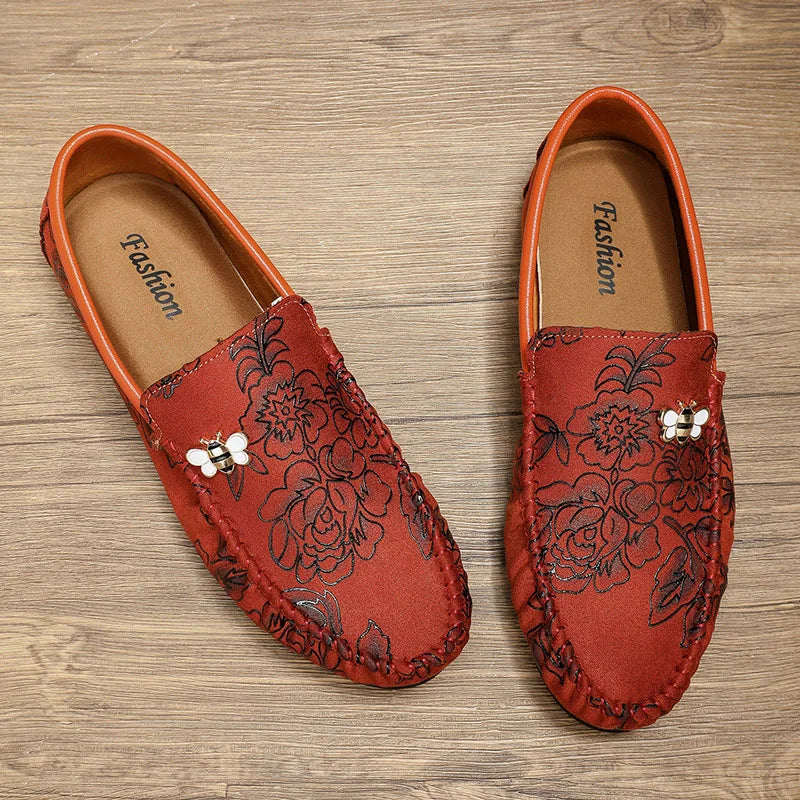 Autumn Fashion Flower Print Men's Loafers Oversized Leather Flat Shoes Men's Lightweight Driving Shoes
