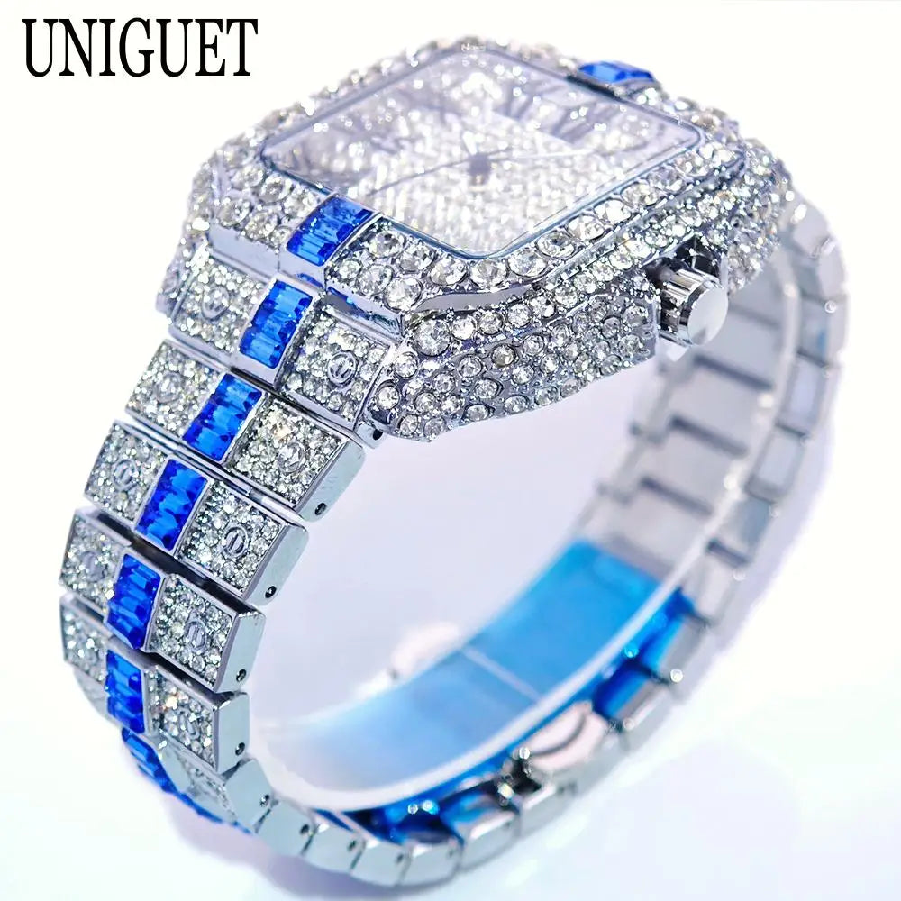 Fashion Watch For Men Brand UNIGUET Luxury Square Iced Out Quartz Watch Man Hip Hop Blue Diamond Jewelry Wristwatch Reloj Hombre