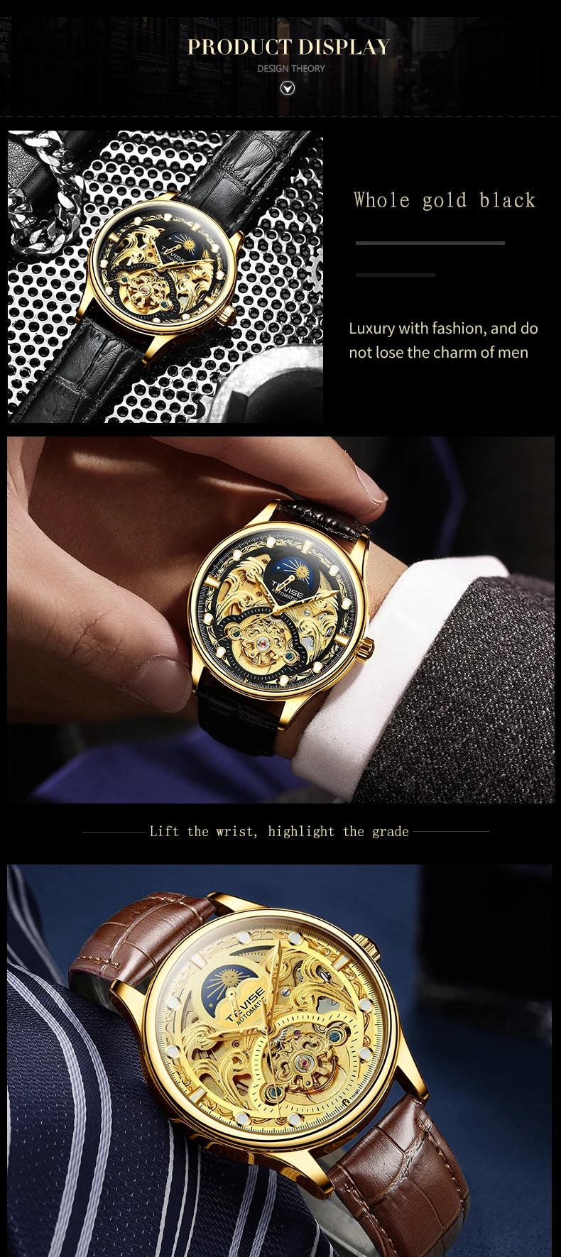 TEVISE New Watch Hollow out Waterproof Business Casual Watch Fully Automatic Men's Mechanical Watch T820D