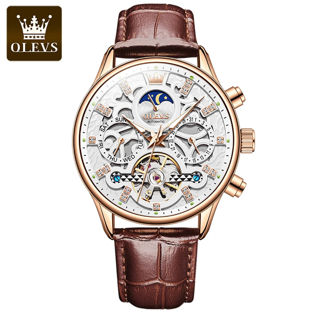 OLEVS 6658 Automatic Watches for Men Leather Strap Moon Phase Men's Hollow Mechanical Wristwatch Waterproof Calendar Hand Clock