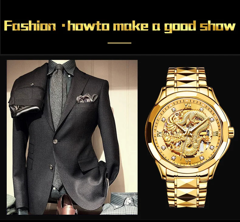 JSDUN Gold 3D Dragon Dial Watch For Men Luxury Brand Automatic Mechanical Watch Stainless Steel Strap Hollow-carved Reloj Hombre
