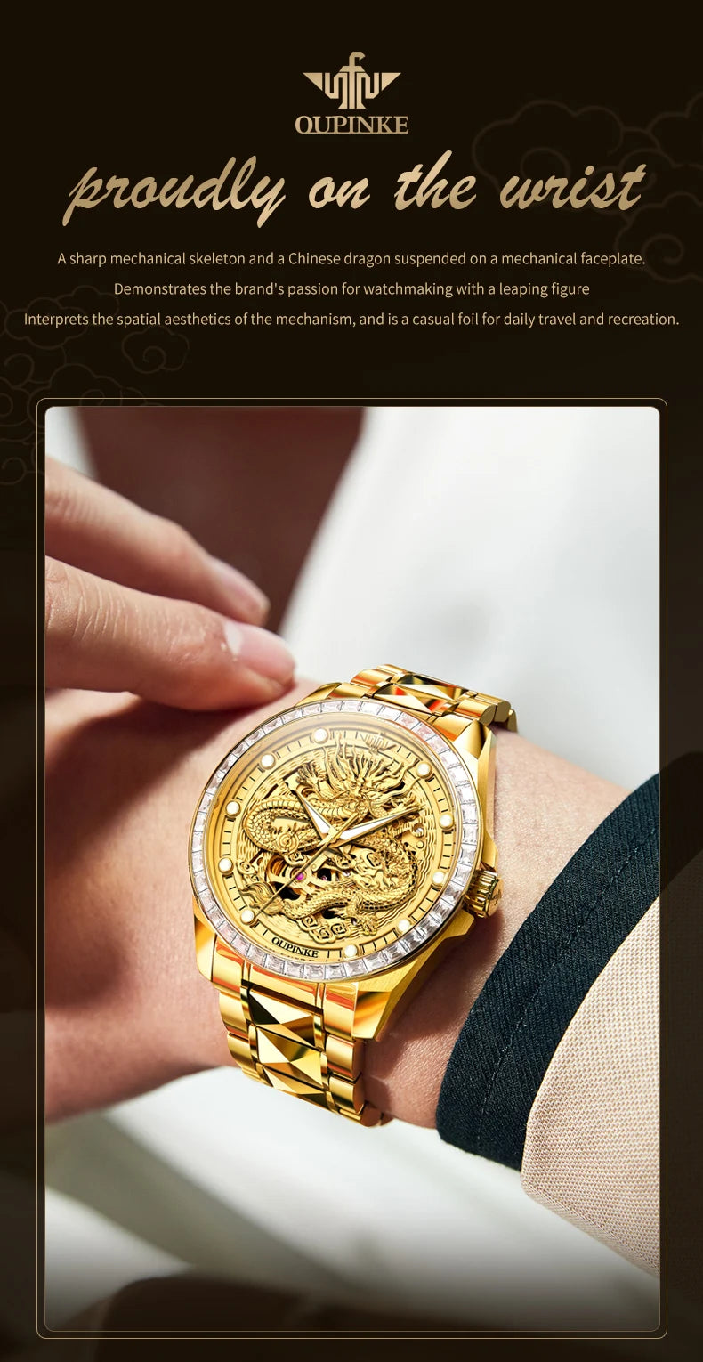  OUPINKE 3276 Mens Watch Original luxury Brand Automatic Mechanical Watch Dragon Dial Watch For Men Moon Phase Watch Mens Gift