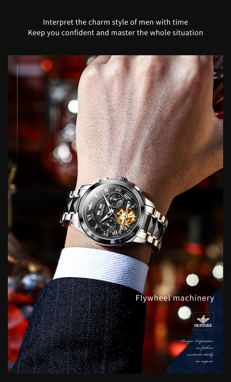 OUPINKE 3236 Men Watch Hollow Skeleton Date Luxury Mechanical Watch For Men Deep Waterproof Roman Scale Male Business Wristwatch