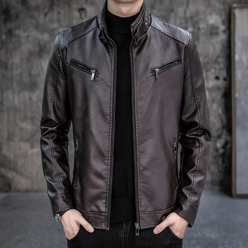 Male Leather Jackets Men Zipper Long Sleeve Fashion Brand Leather Jackets Short Cool Spring Autumn Biker Men Plus Size Jacket