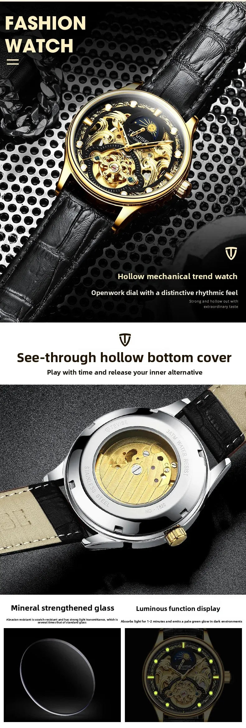New 2025 Men's Automatic Leather Belt Watch Waterproof Business Casual Mechanical Wristwatch Hollow Design Live Broadcast Delive