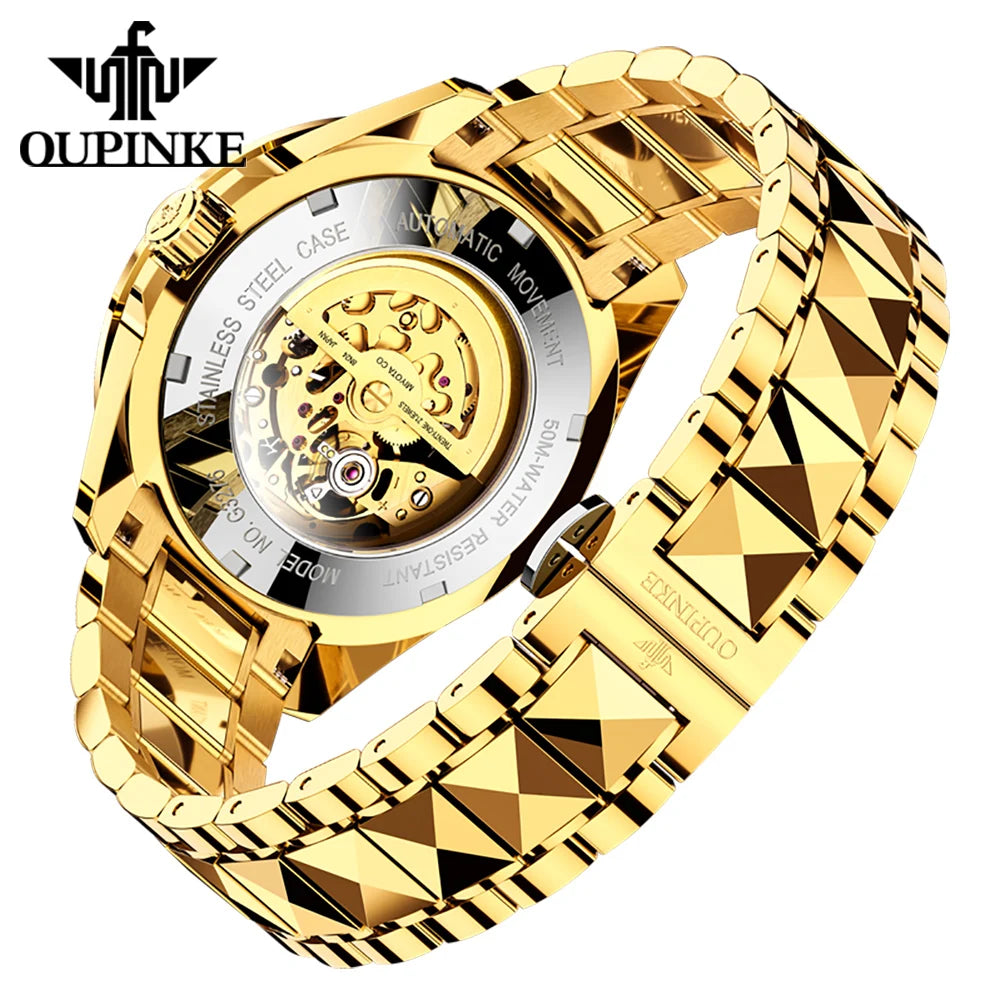 OUPINKE Men's Watches Top Brand Luxury Gold Tungsten Steel Original Automatic Mechanical Wristwatch Featured Dragon Pattern Dial