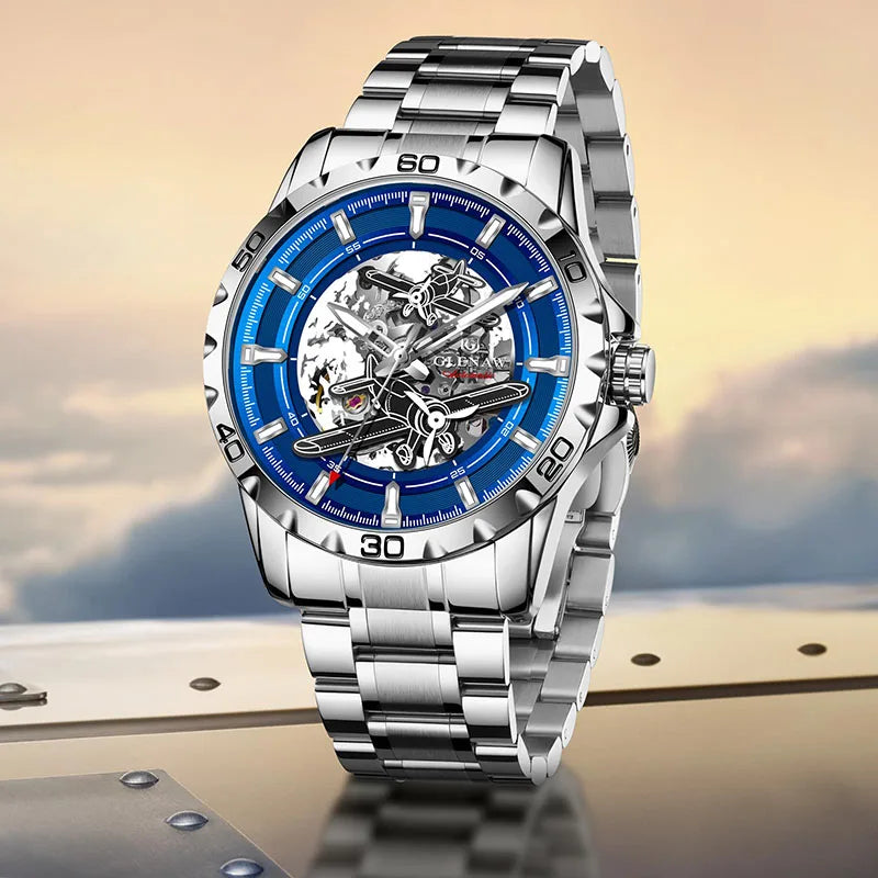 GLENAW New Pilot Series Men Watches Hollow Luxury Automatic Mechanical Watches Luminous waterproof Stainless Steel Strap Watch
