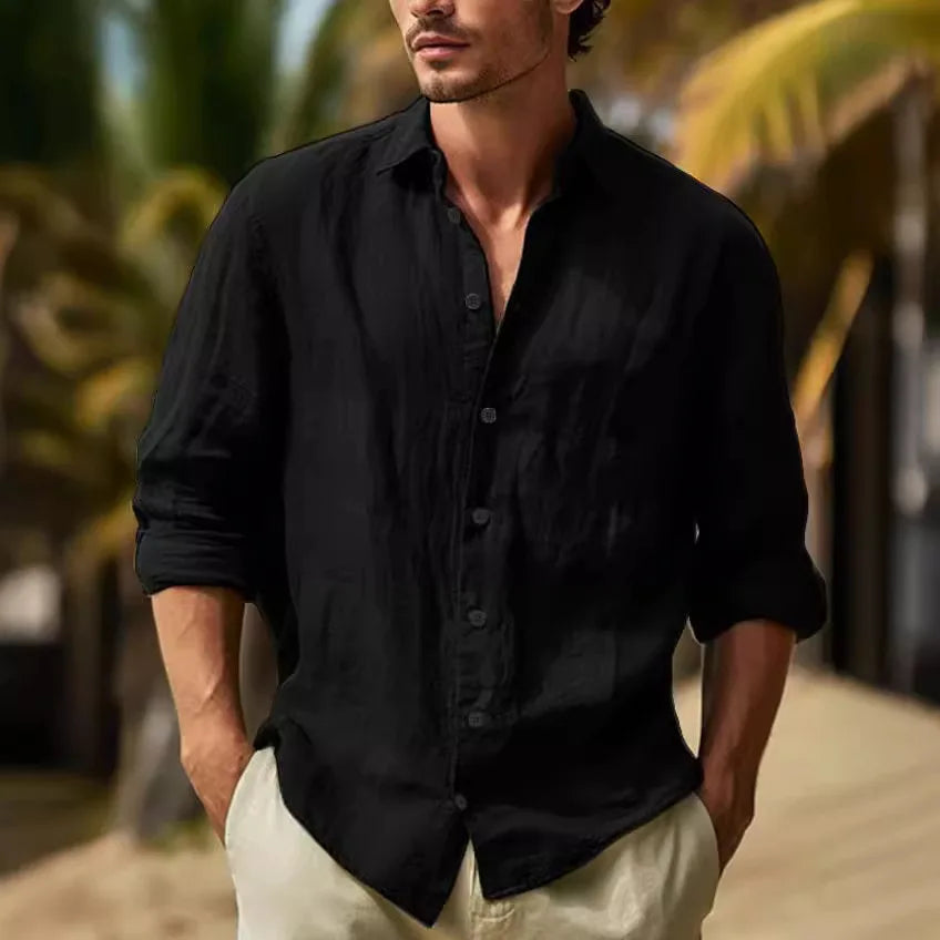 Men's Long-sleeved Top in 2025,Made of Cotton and Linen, Solid Color, Turn-down Collar, in a Casual Style Shirt  linen shirt men