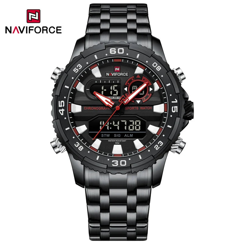 NAVIFORCE Men's Watch Luxury Waterproof Sports Chronograph Quartz Steel Band Wristwatch Digital Date and Week Display Male Clock