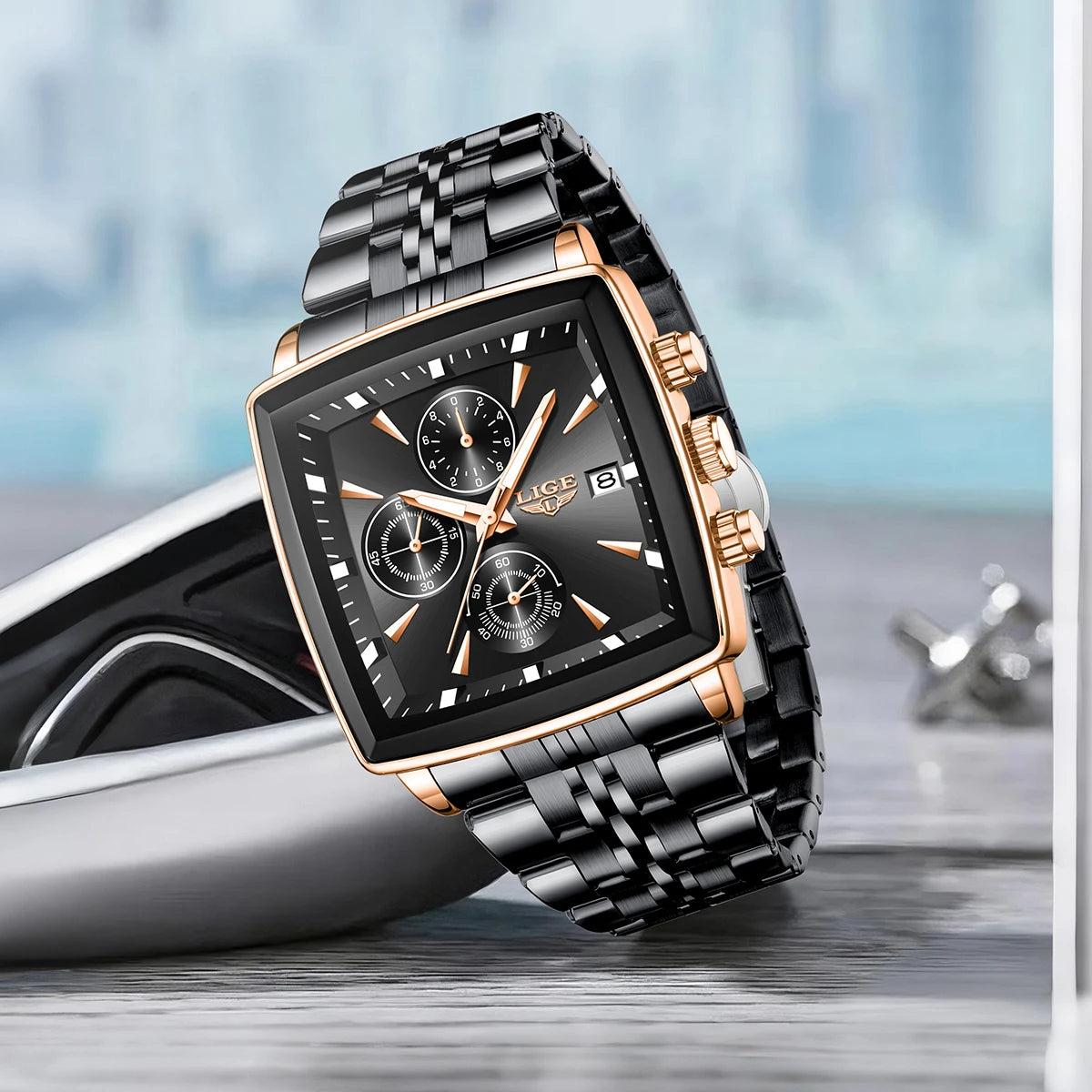 LIGE Fashion Luxury  Watches for Men Square Dial Stainless Steel Waterproof Luminous Auto Date Chronograph Quartz Man Watch+Box