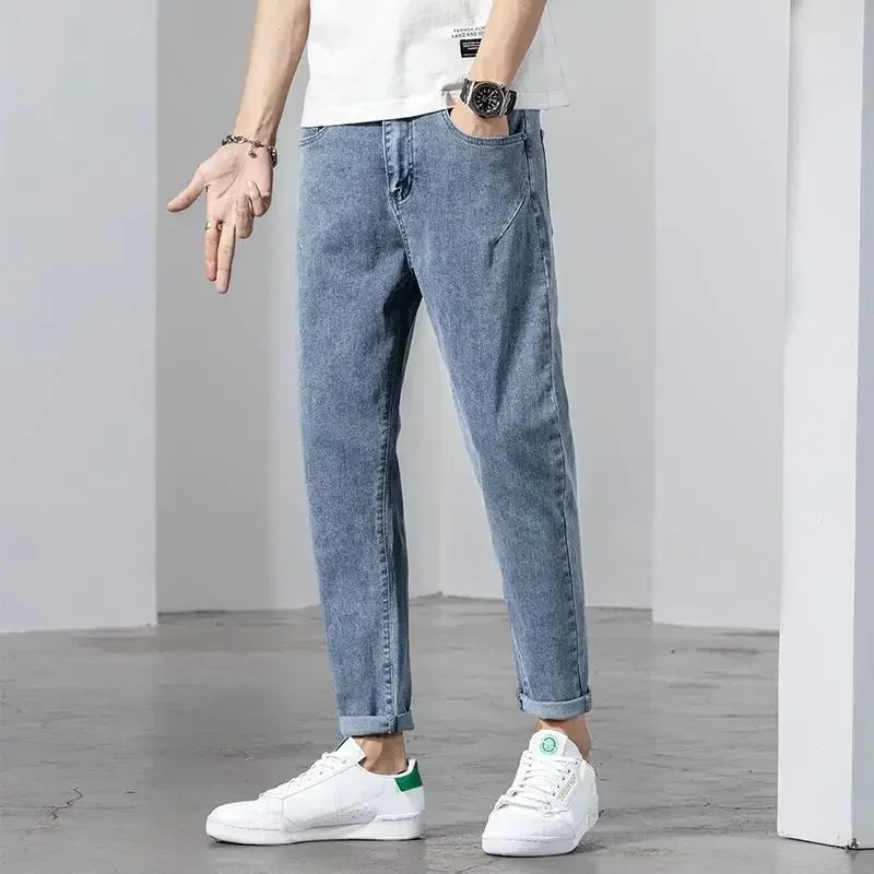 Men's Jeans Light Blue Casual Man Cowboy Pants with Pockets Trousers Cropped Designer Stylish Korean Fashion Summer Original Xs