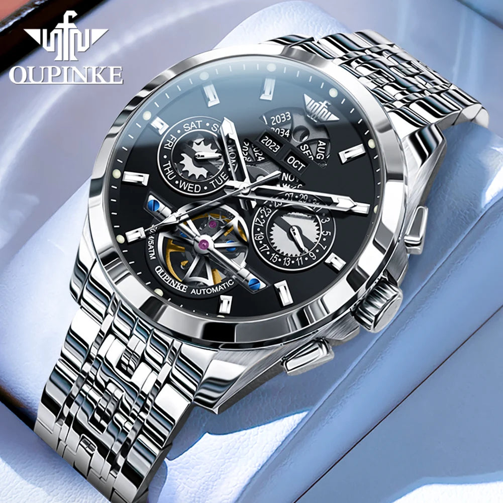 OUPINKE 3251 Mens Watch Luxury Sapphire Glass Tourbillon Mechanical Watch Tungsten Steel 50M Waterproof Watch For Man Gift Box
