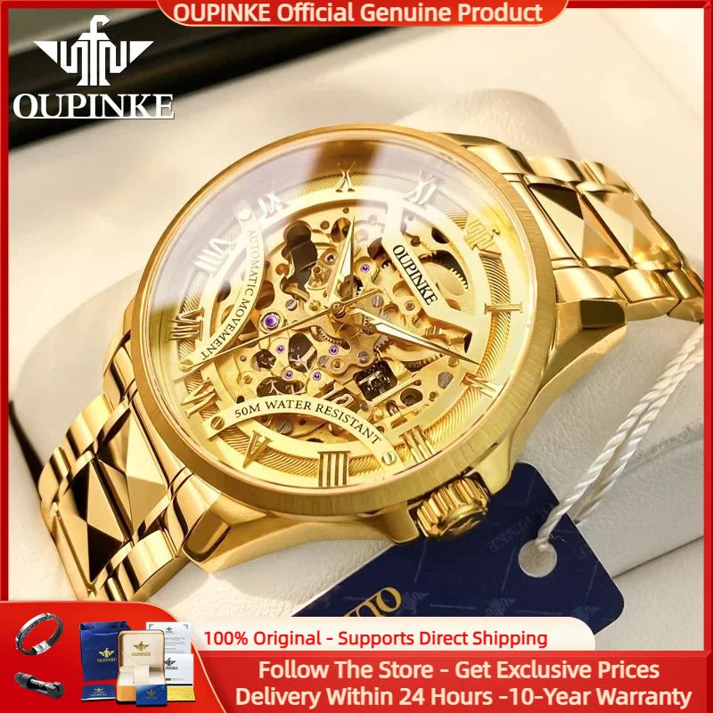 OUPINKE 3210 Gold Men Fully Automatic Mechanical Watch High end Original 3D Hollow Design Waterproof Luminous Men Watch Luxury