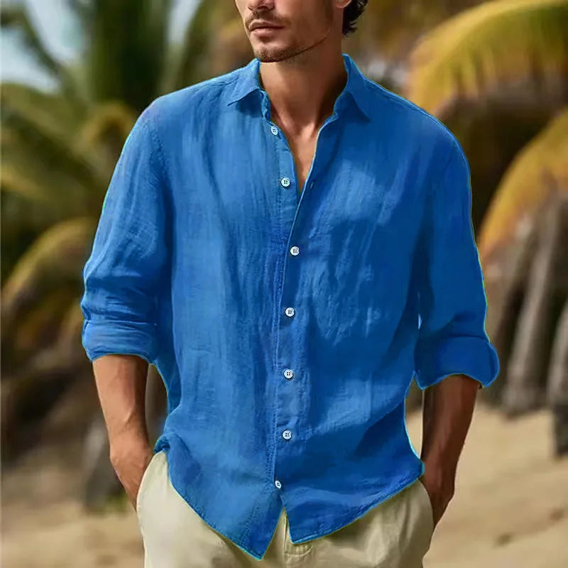 Men's Long-sleeved Top in 2025,Made of Cotton and Linen, Solid Color, Turn-down Collar, in a Casual Style Shirt  linen shirt men