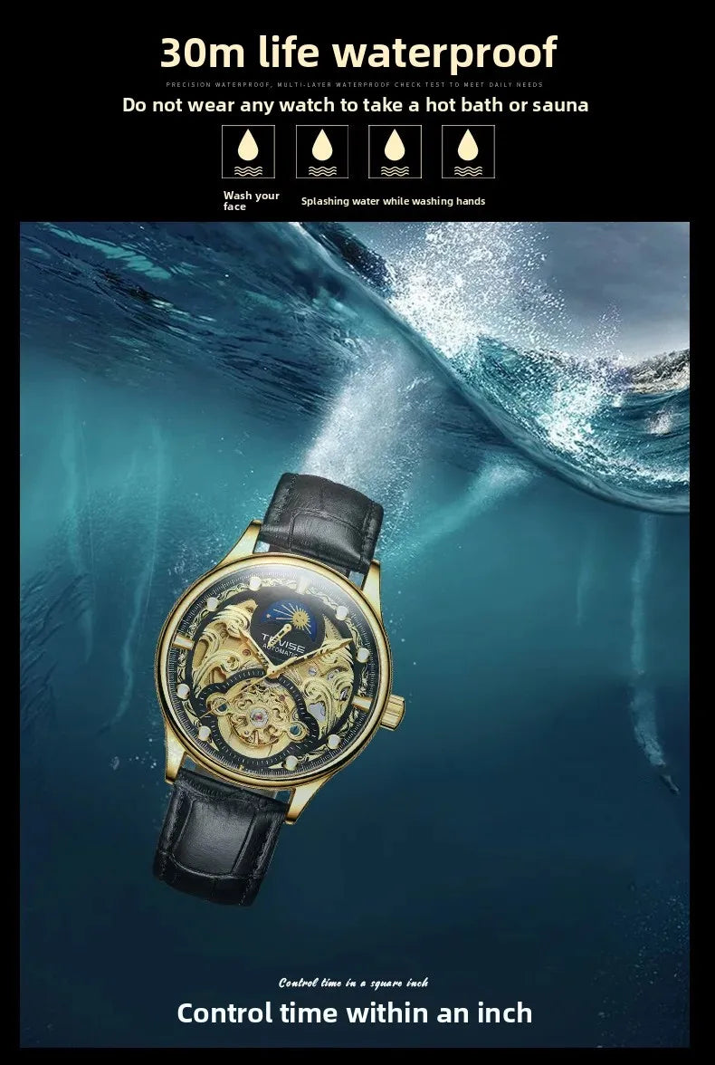 New 2025 Men's Automatic Leather Belt Watch Waterproof Business Casual Mechanical Wristwatch Hollow Design Live Broadcast Delive