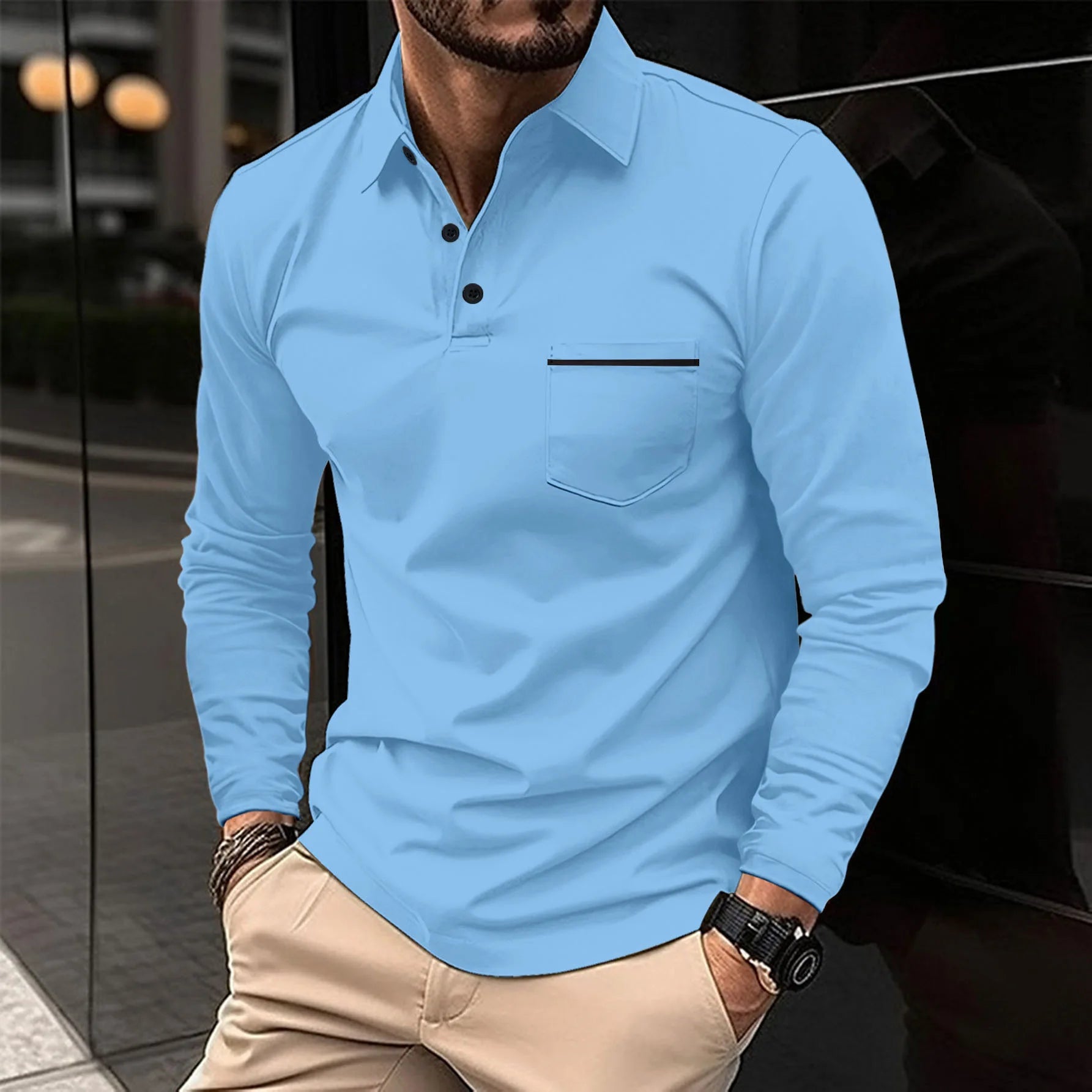 New men's casual long-sleeved polo shirt - solid-colored lapel polo shirt, stylish, breathable, comfortable and versatile top.