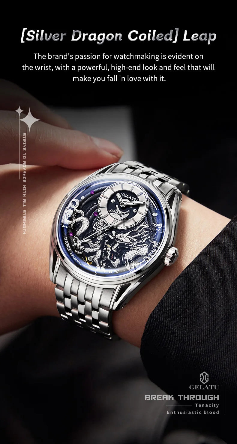 GELATU 6018 Men's Watch Top Brand Original Mechanical Watch For Men 50M Waterproof Luxury Hollow Dragon Automatic Wristwatch