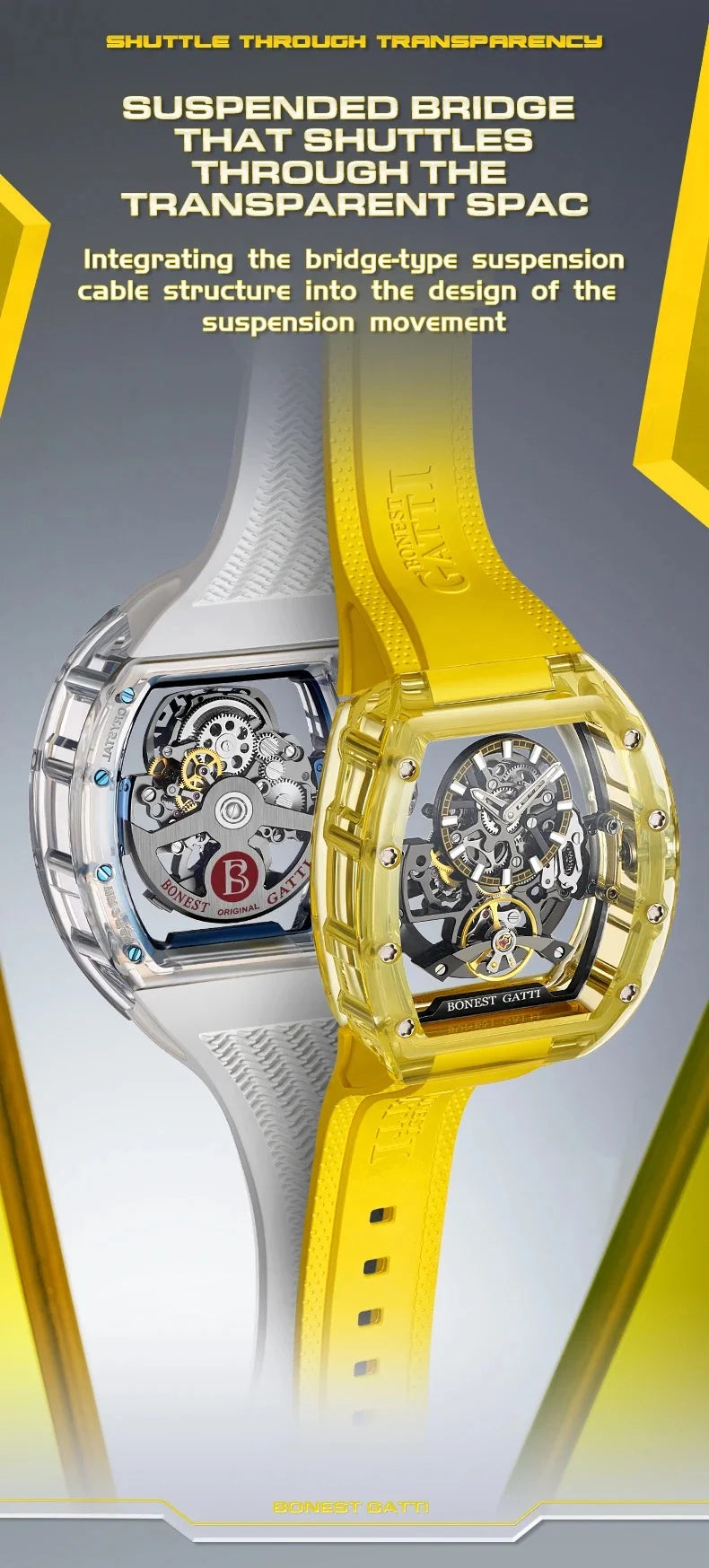 BONEST GATTI 2025 New Men Automatic Watch Tonneau Mechanical Wristwatch Acylic Case Sapphire Lume Hollow Out Dial Fluororubber