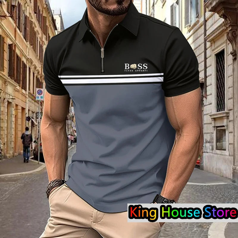 Men's Polo Shirt Summer Streetwear Boss 3d Printe Golf Short Sleeve Business Casual Zipper Polo Sportswear Male Clothing For Men