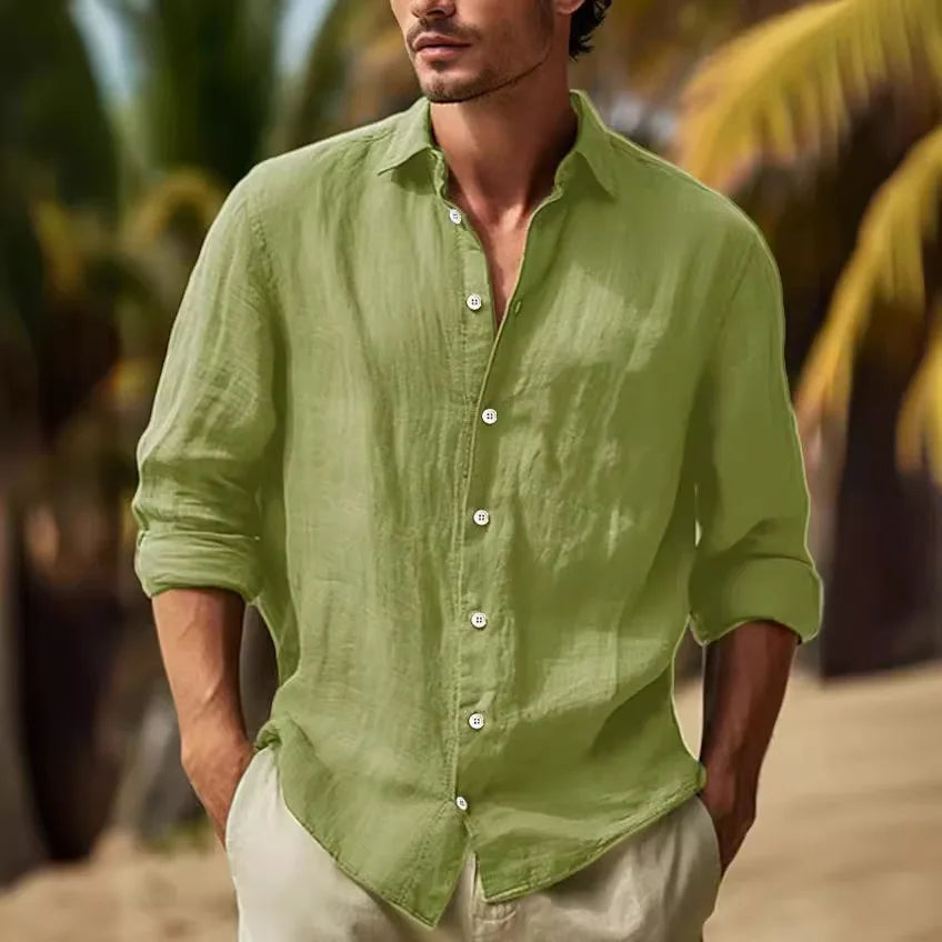 Men's Long-sleeved Top in 2025,Made of Cotton and Linen, Solid Color, Turn-down Collar, in a Casual Style Shirt  linen shirt men