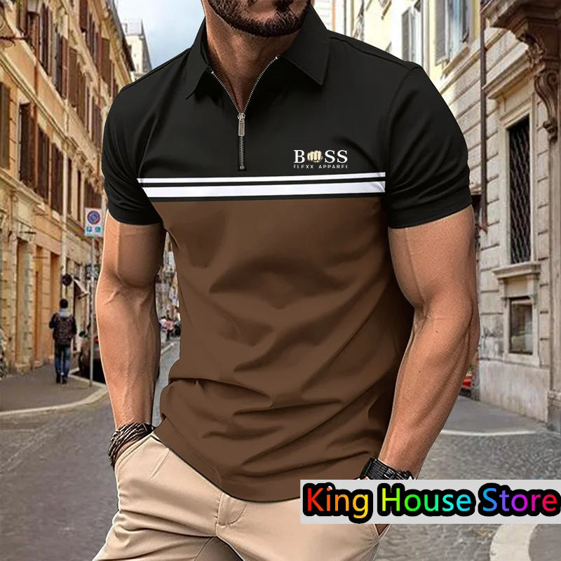 Men's Polo Shirt Summer Streetwear Boss 3d Printe Golf Short Sleeve Business Casual Zipper Polo Sportswear Male Clothing For Men