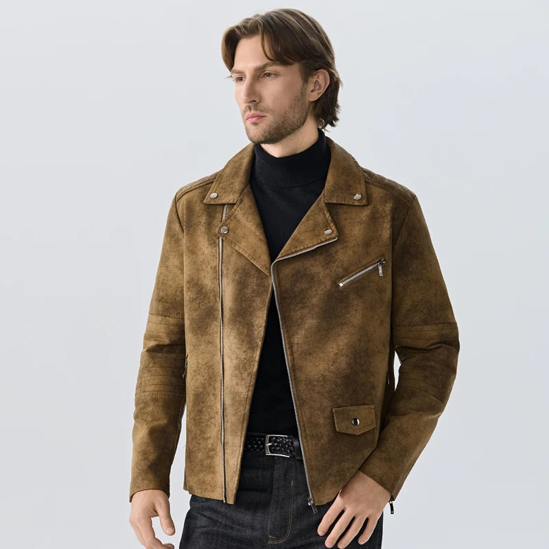High-end Suede Leather Jacket Winter Men New American Punk Handsome Windproof Men Clothes Male Retro Brown Lapel Jacket