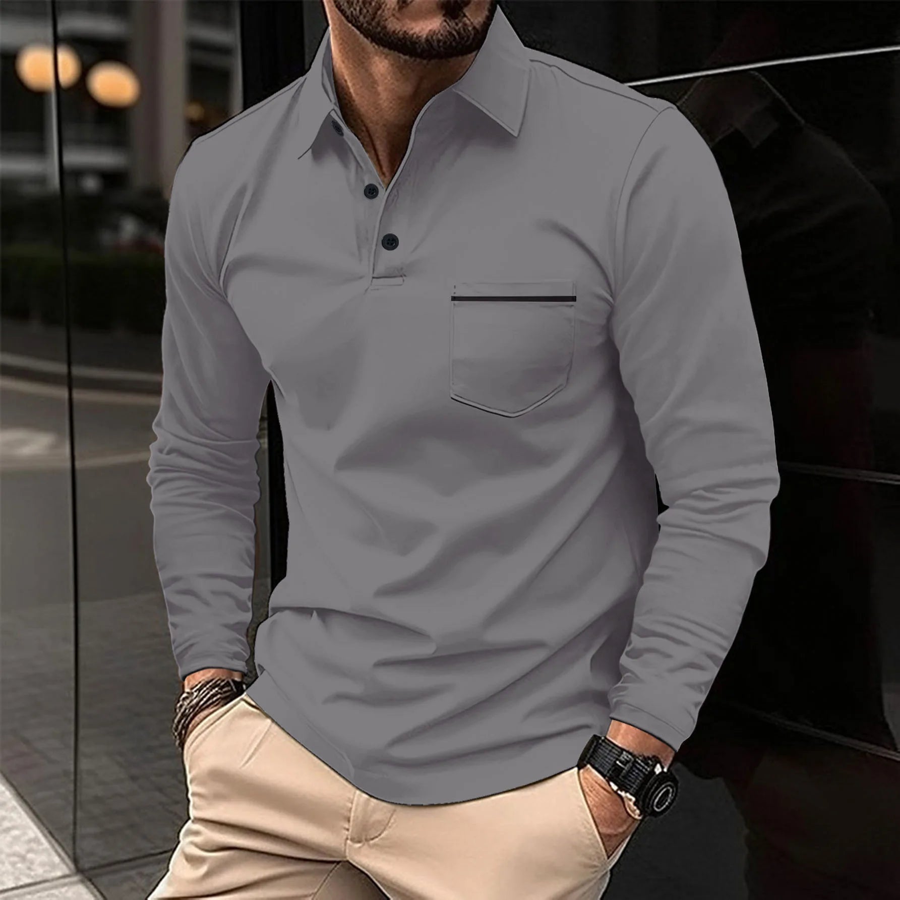 New men's casual long-sleeved polo shirt - solid-colored lapel polo shirt, stylish, breathable, comfortable and versatile top.